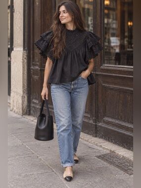 Little Moon Black Eyelet Puff Sleeve Women's Top